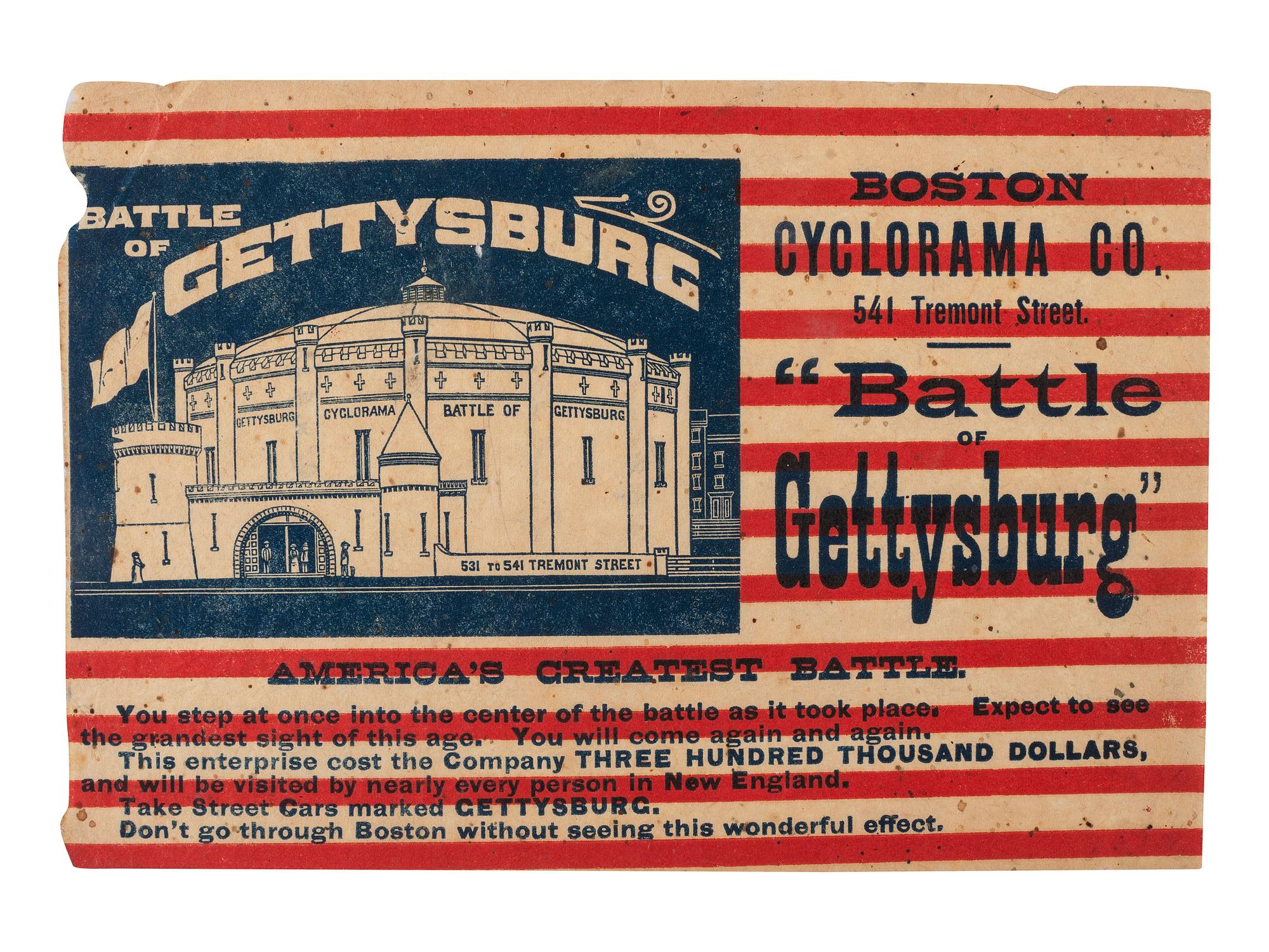 [CIVIL WAR - FLAGS]. Paper flag promoting the Battle of Gettysburg Cyclorama at Boston, Massachusetts. Ca 1884-1892.