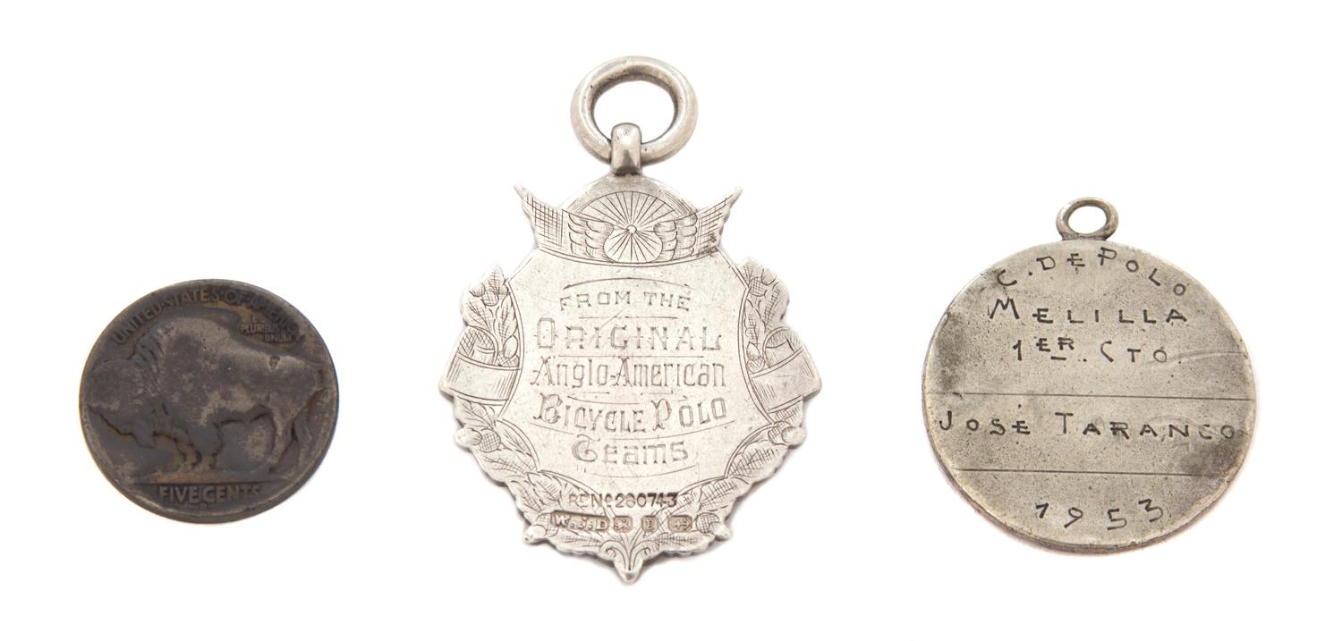 Two Silver Polo Medals and a Hobo Nickel, , comprising an English silver medallion inscribed From the Original Anglo-American Bicycle P
