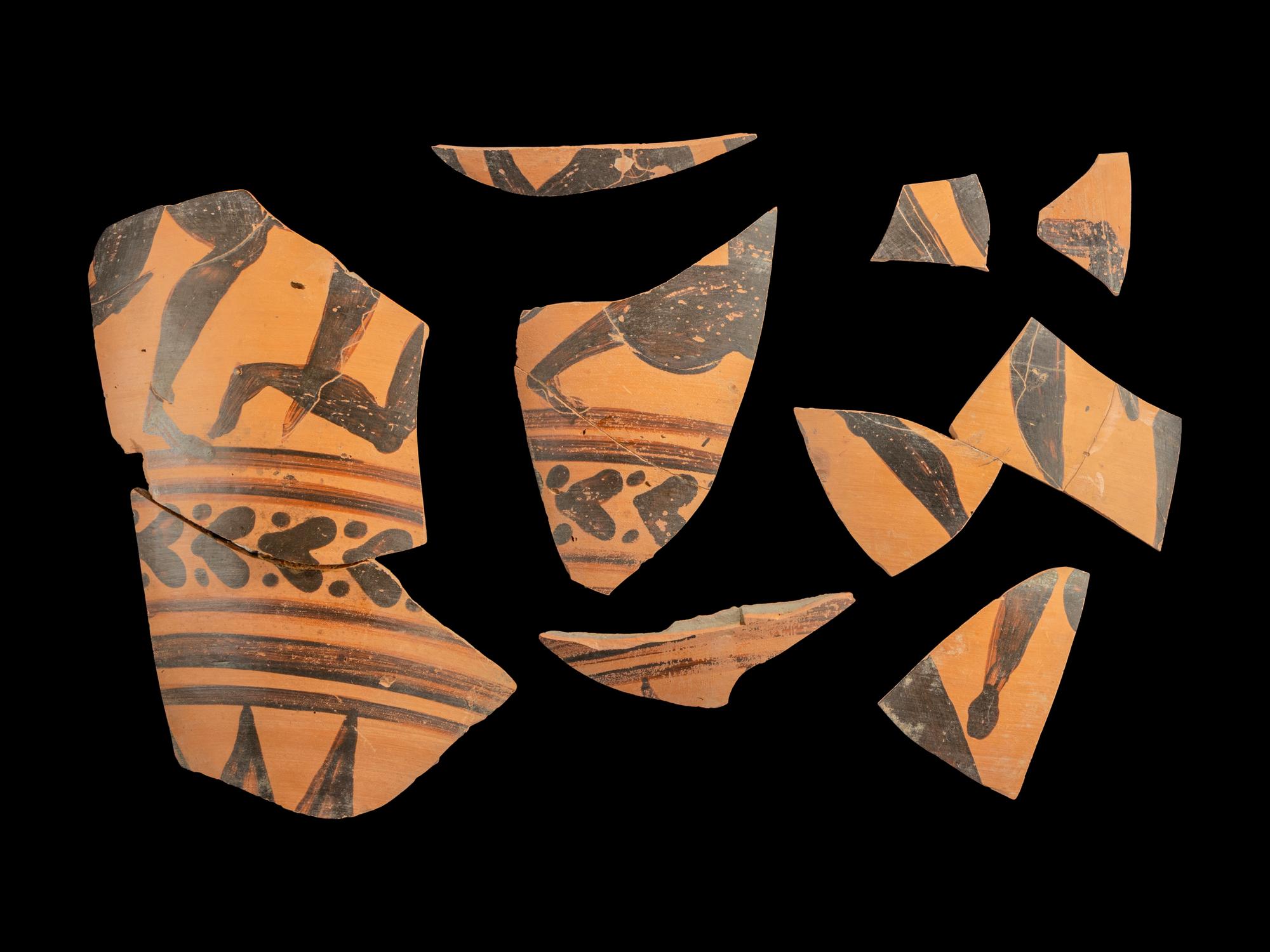 Nine Etruscan Black-Figured Amphora Fragments with a Fight Scene