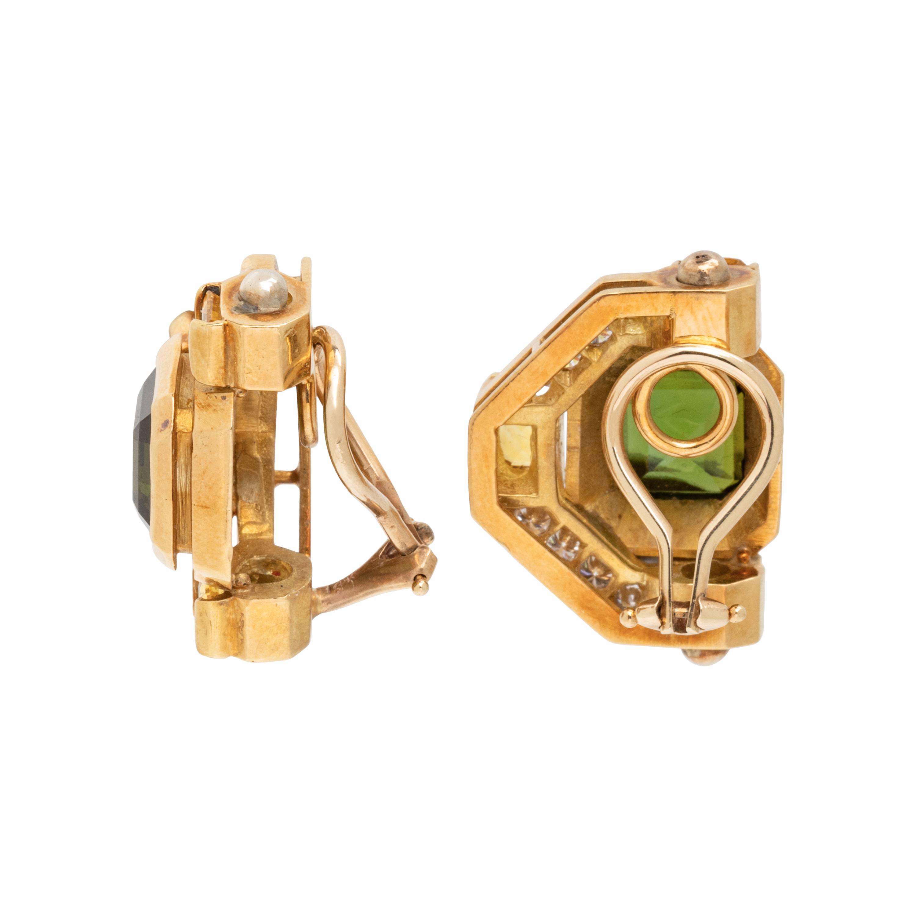 TOURMALINE, YELLOW SAPPHIRE, AND DIAMOND EARRINGS