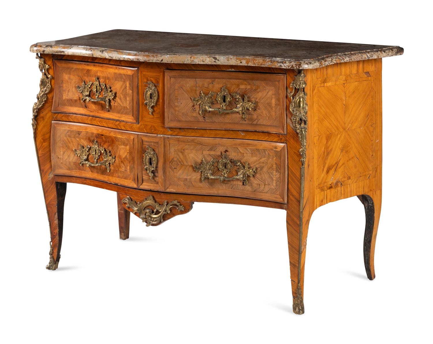A Louis XV Gilt Bronze Mounted Tulipwood Marble-Top Commode