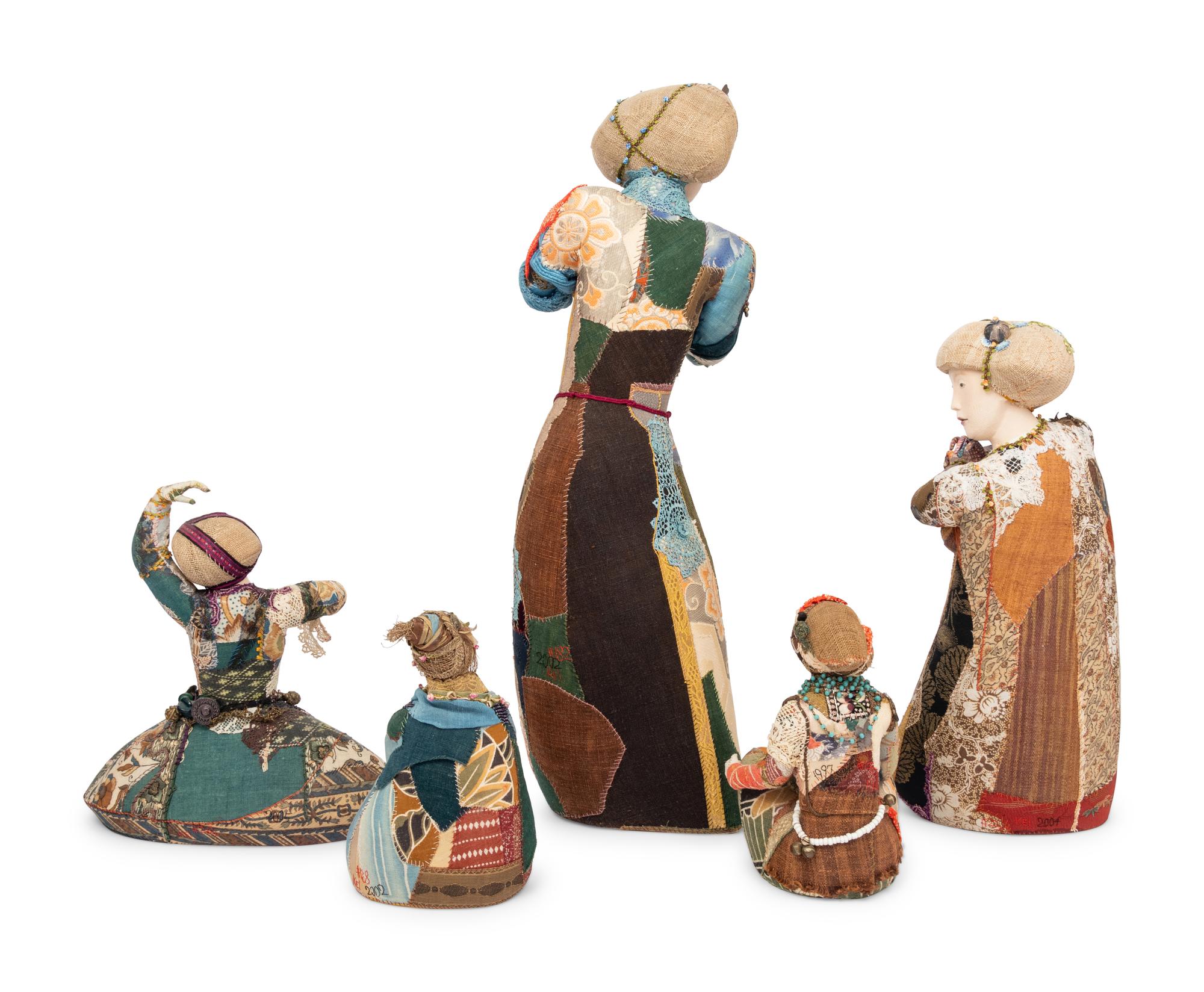 A Group of Five Contemporary Japanese Patchwork Embroidered Figures