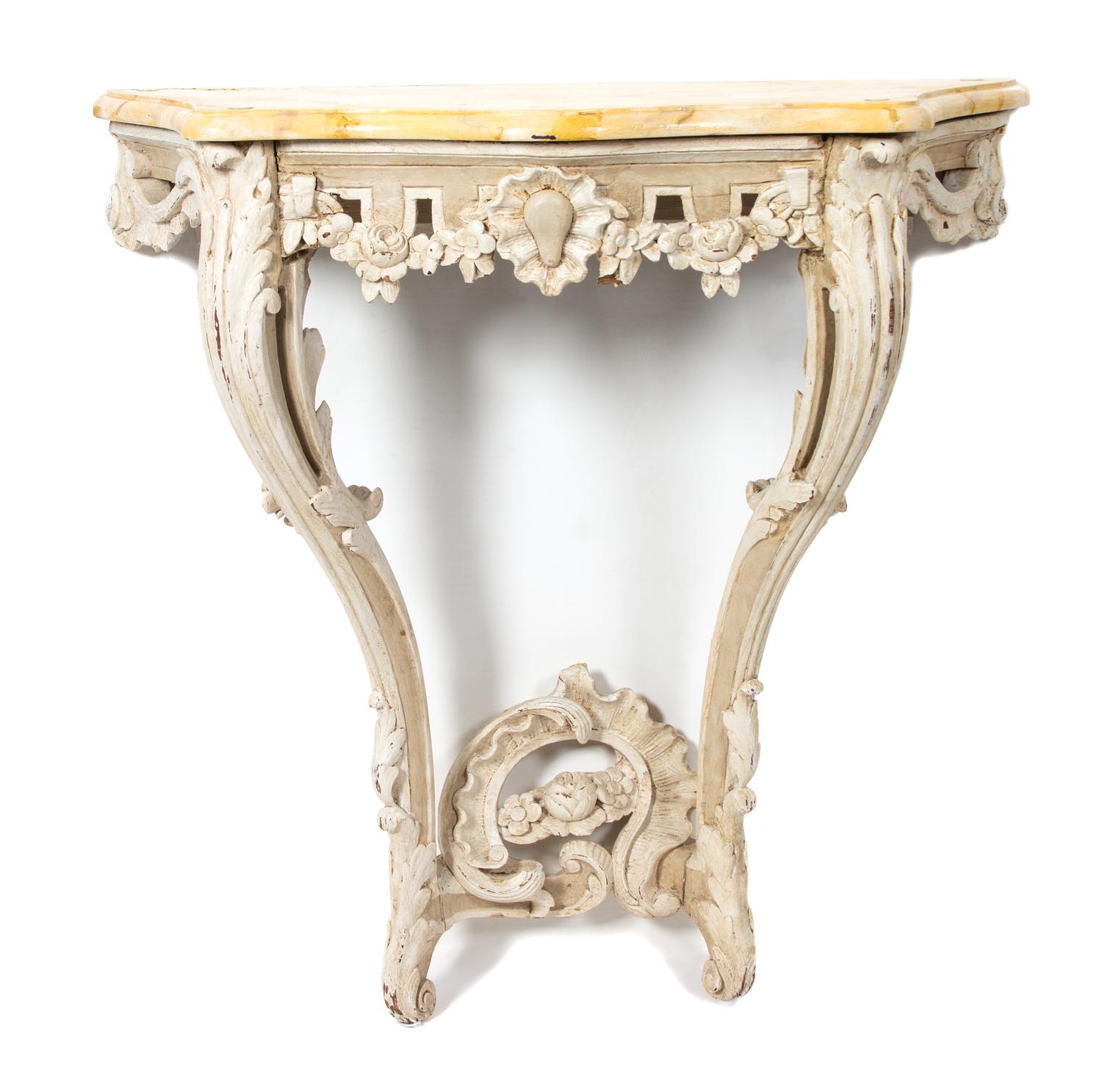 A Louis XV Style Carved and Painted Wall Mounted Console Table Height 32 x width 32 3/4 x depth 16 inches. — 20TH CENTURY