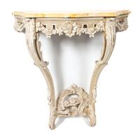 A Louis XV Style Carved and Painted Wall Mounted Console Table Height 32 x width 32 3/4 x depth 16 inches. — 20TH CENTURY