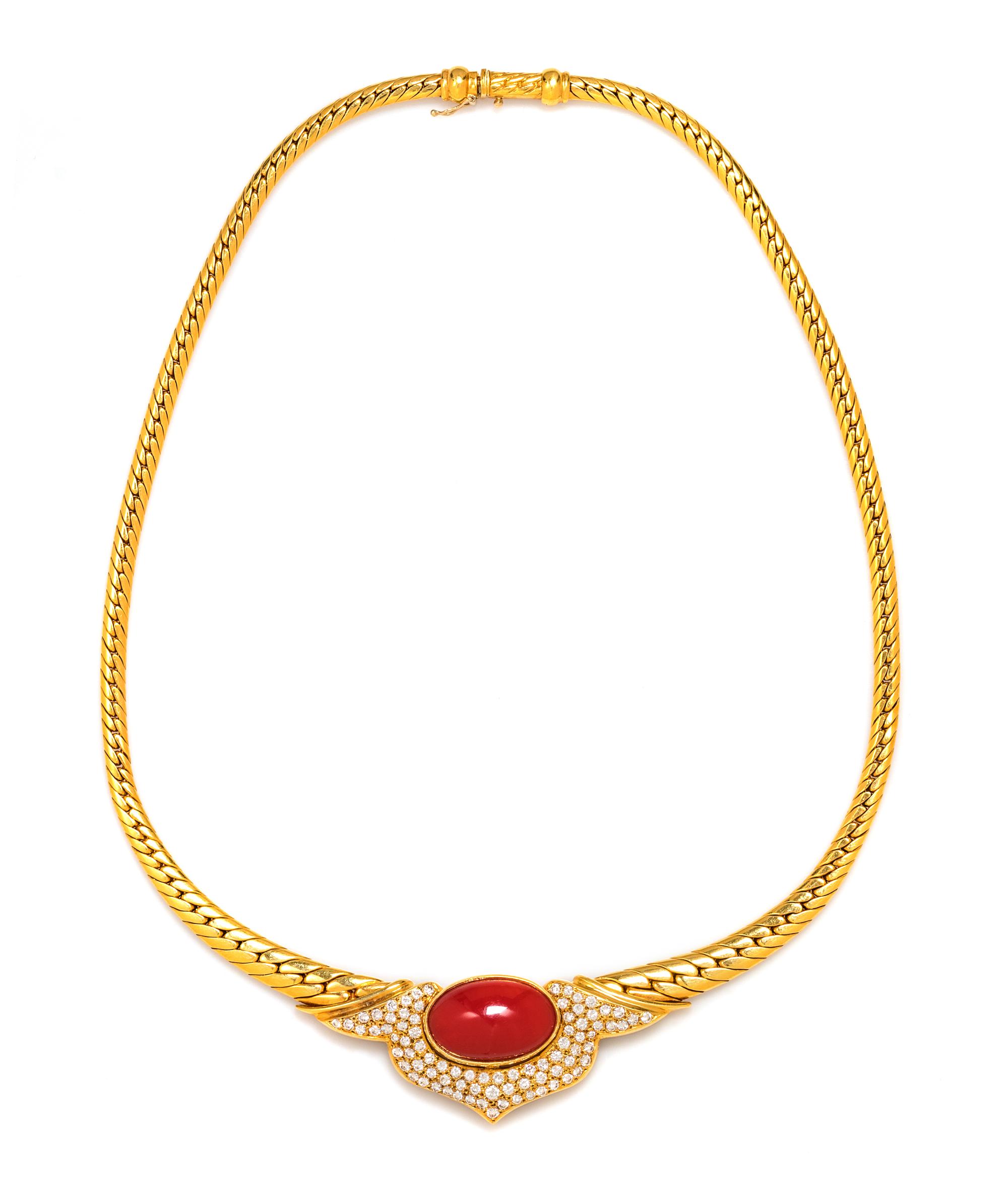 An 18 Karat Yellow Gold, Coral and Diamond Necklace, 29.00 dwts.