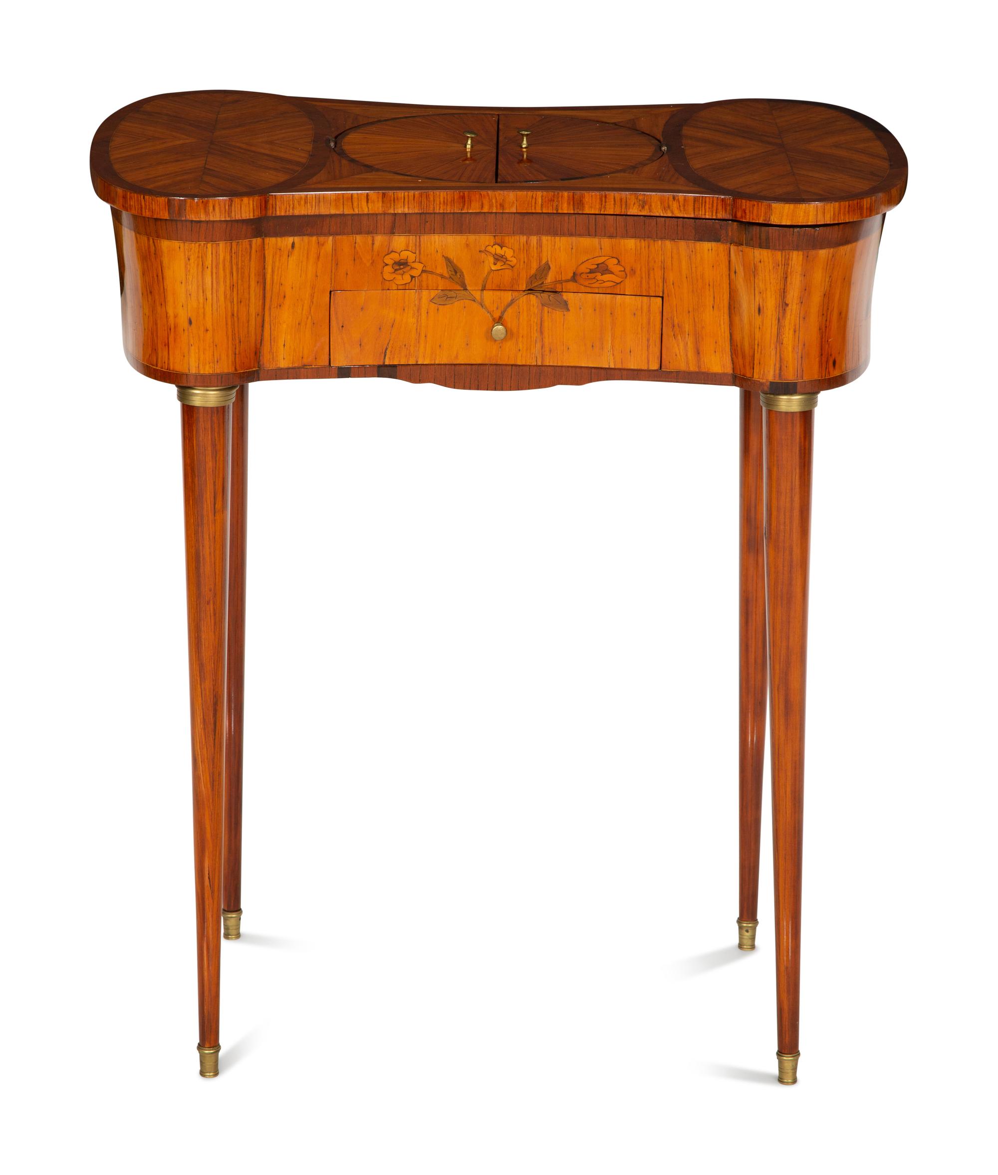 A Louis XVI Tulipwood and Marquetry Gilt Bronze-Mounted Sewing Table