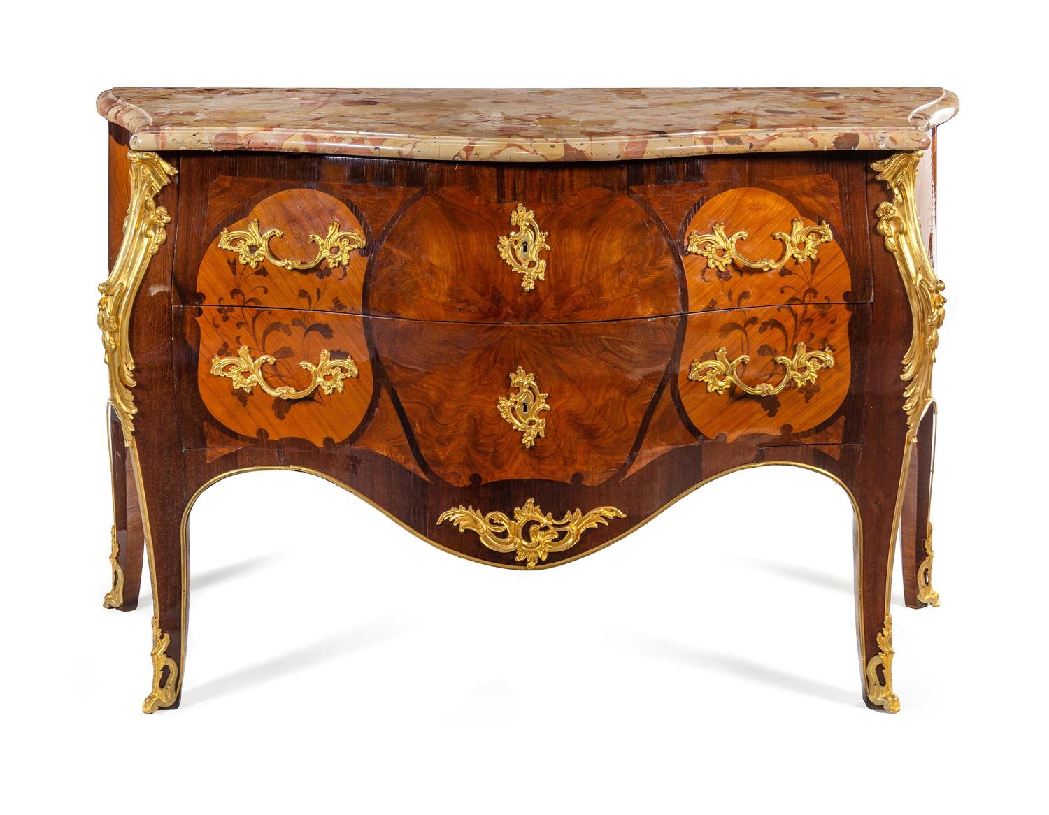 A Louis XV Style Gilt Bronze Mounted Marquetry Marble-Top Commode