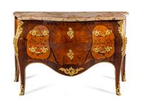 A Louis XV Style Gilt Bronze Mounted Marquetry Marble-Top Commode
