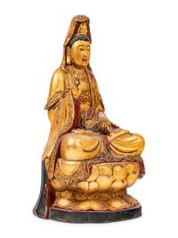 A Chinese Gilt Lacquered Wood Figure of Guanyin