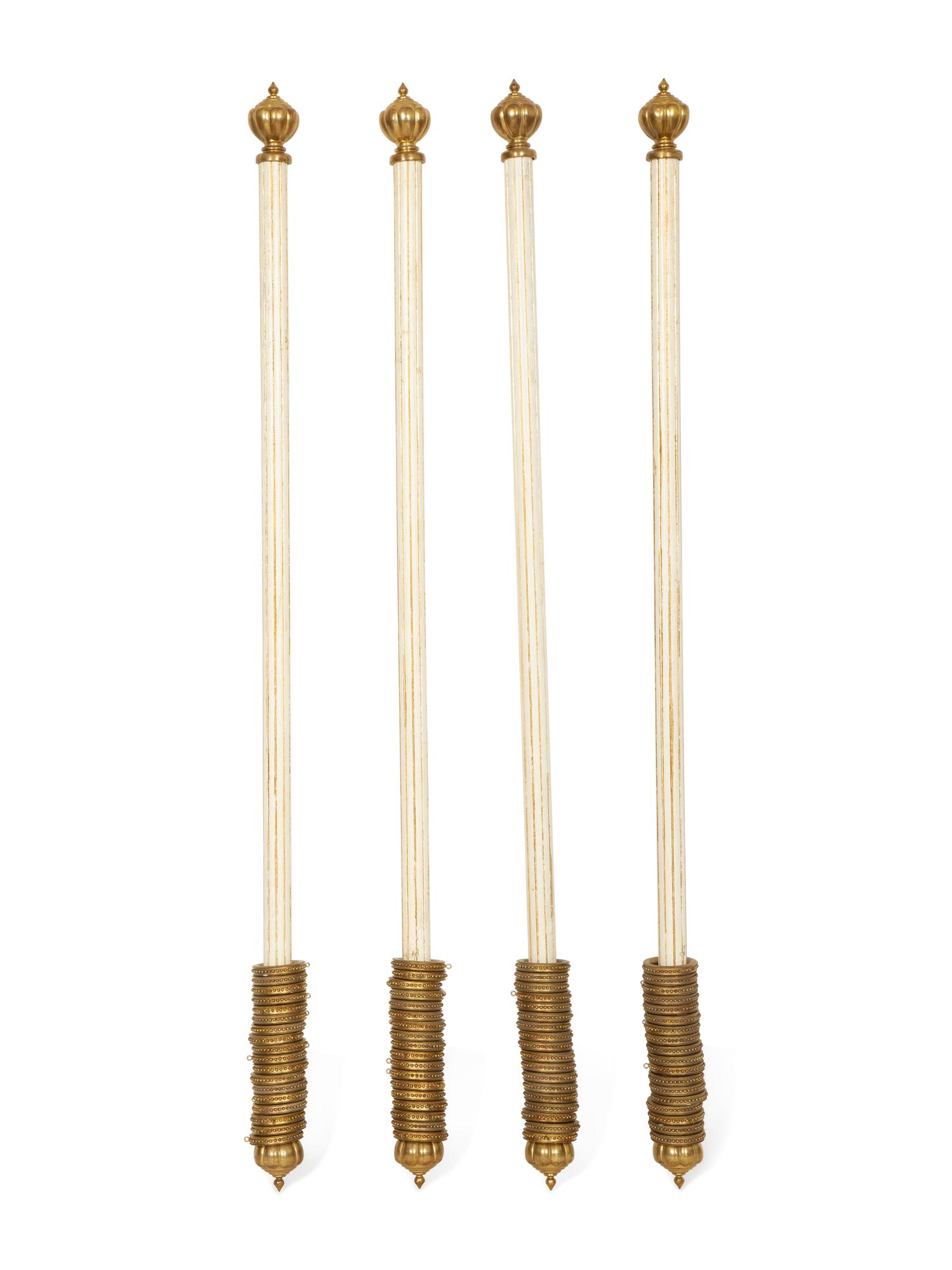Four Italian Painted and Parcel Gilt Curtain Rods with Brass Cap Ends