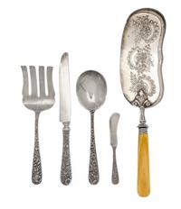 A Group of American Silver Flatware, S. Kirk & Son, Philadelphia, PA, Repousse pattern, comprising: 7 dinner knives 3 butter spreaders