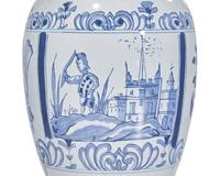 A Group of Five Delft Style Williamsburg Porcelain Tobacco Jars and Flower Bricks