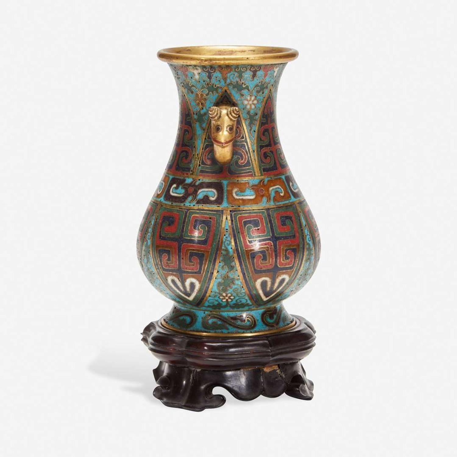 A Chinese cloisonné archaistic small vase with carved wood stand 掐丝珐琅小樽带底座