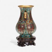 A Chinese cloisonné archaistic small vase with carved wood stand 掐丝珐琅小樽带底座