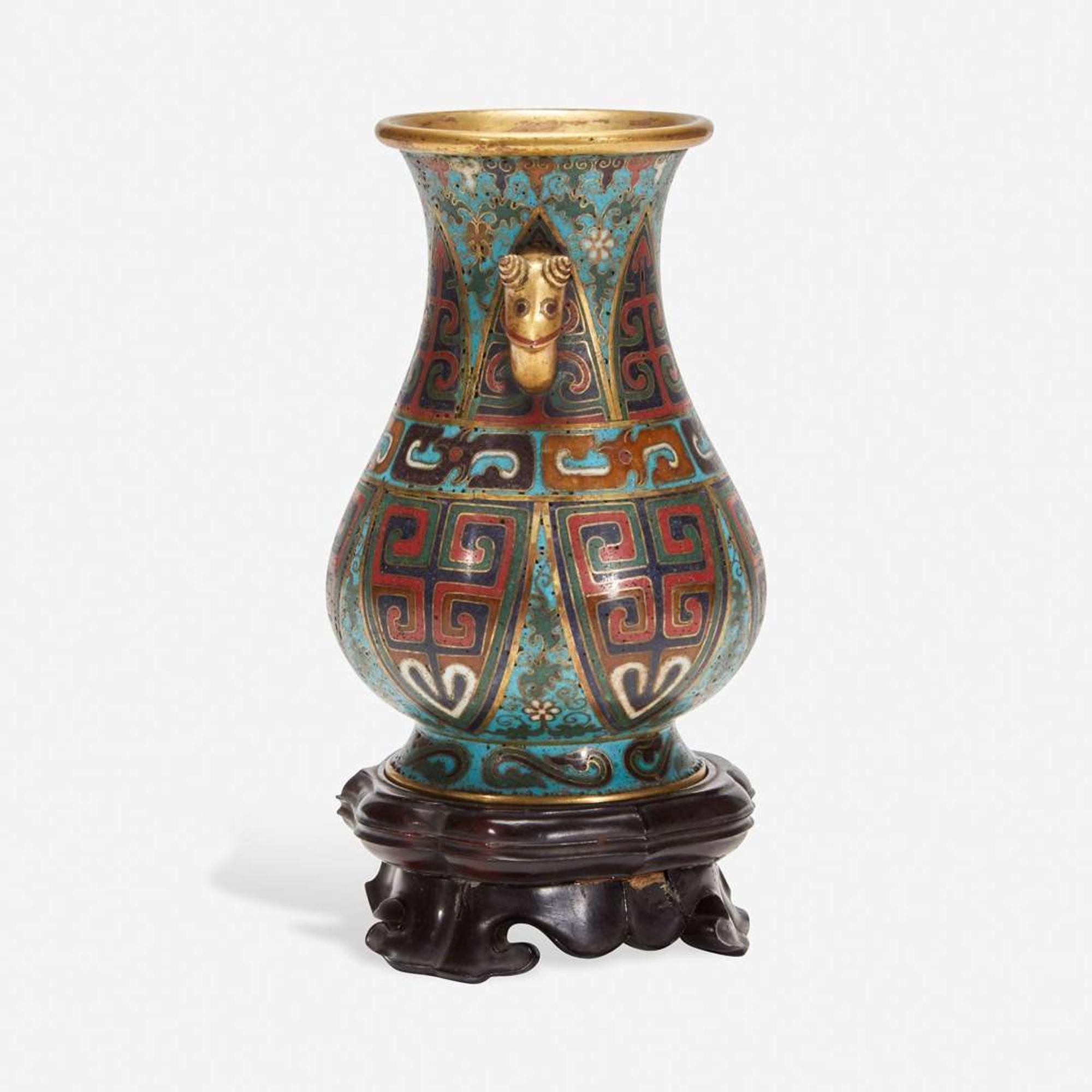 A Chinese cloisonné archaistic small vase with carved wood stand 掐丝珐琅小樽带底座