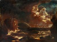 Shipwreck in Stormy Waters off Rocky Coast