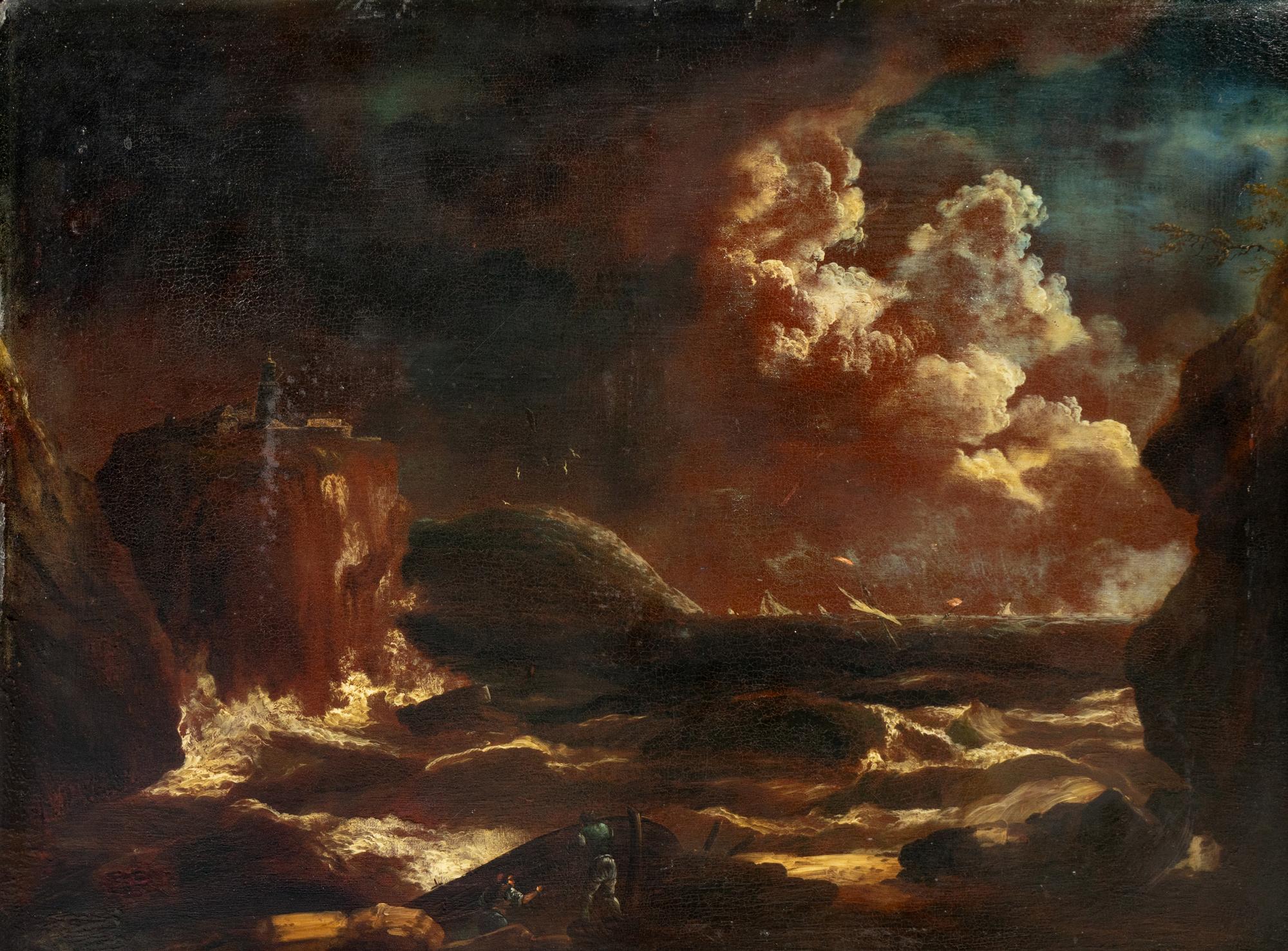 Shipwreck in Stormy Waters off Rocky Coast