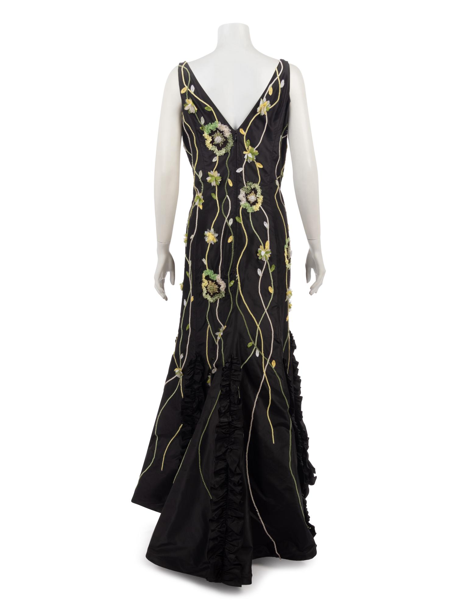 Melinda Eng Taffeta Mermaid Dress with Floral Embellishments