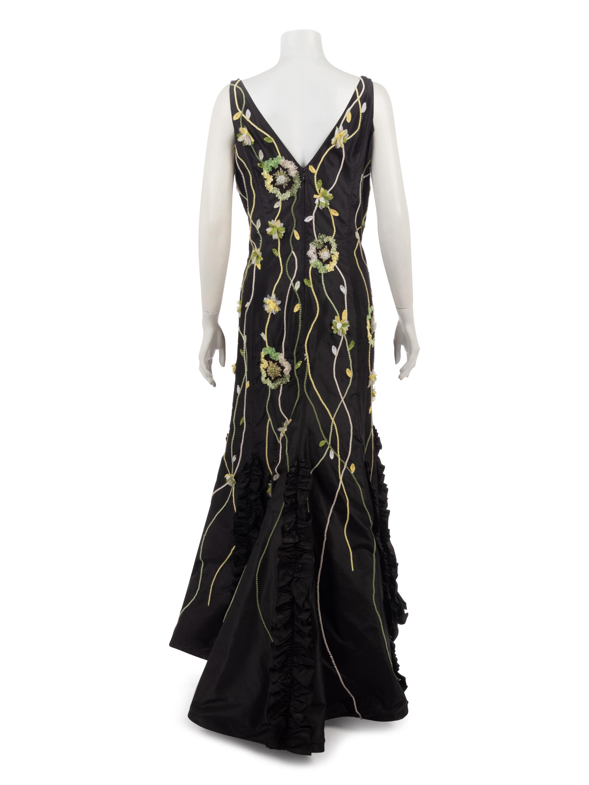 Melinda Eng Taffeta Mermaid Dress with Floral Embellishments