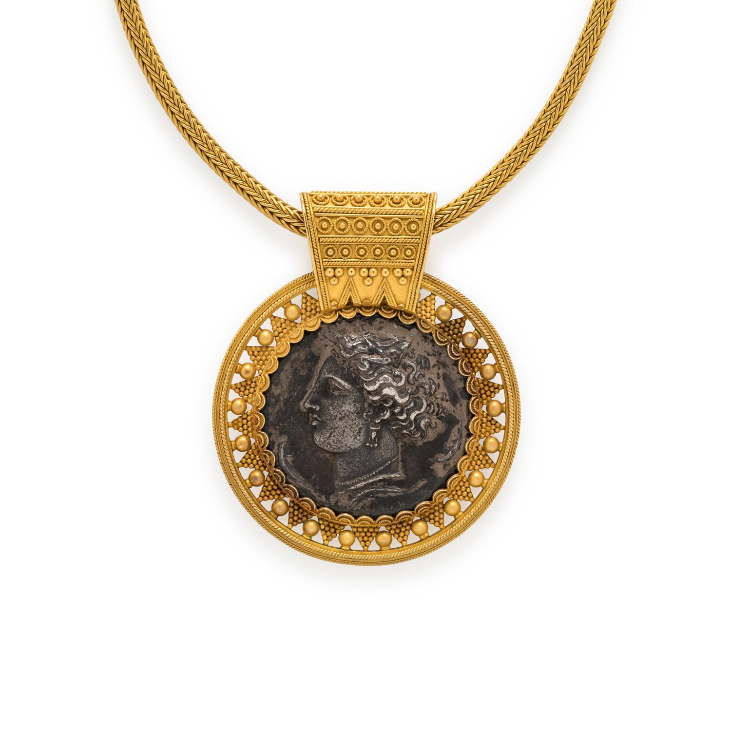 CARLO GIULIANO, ETRUSCAN REVIVAL, BRONZE MEDALLION NECKLACE