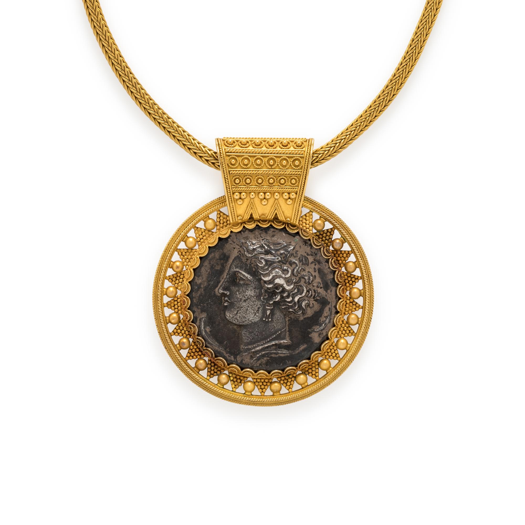 CARLO GIULIANO, ETRUSCAN REVIVAL, BRONZE MEDALLION NECKLACE