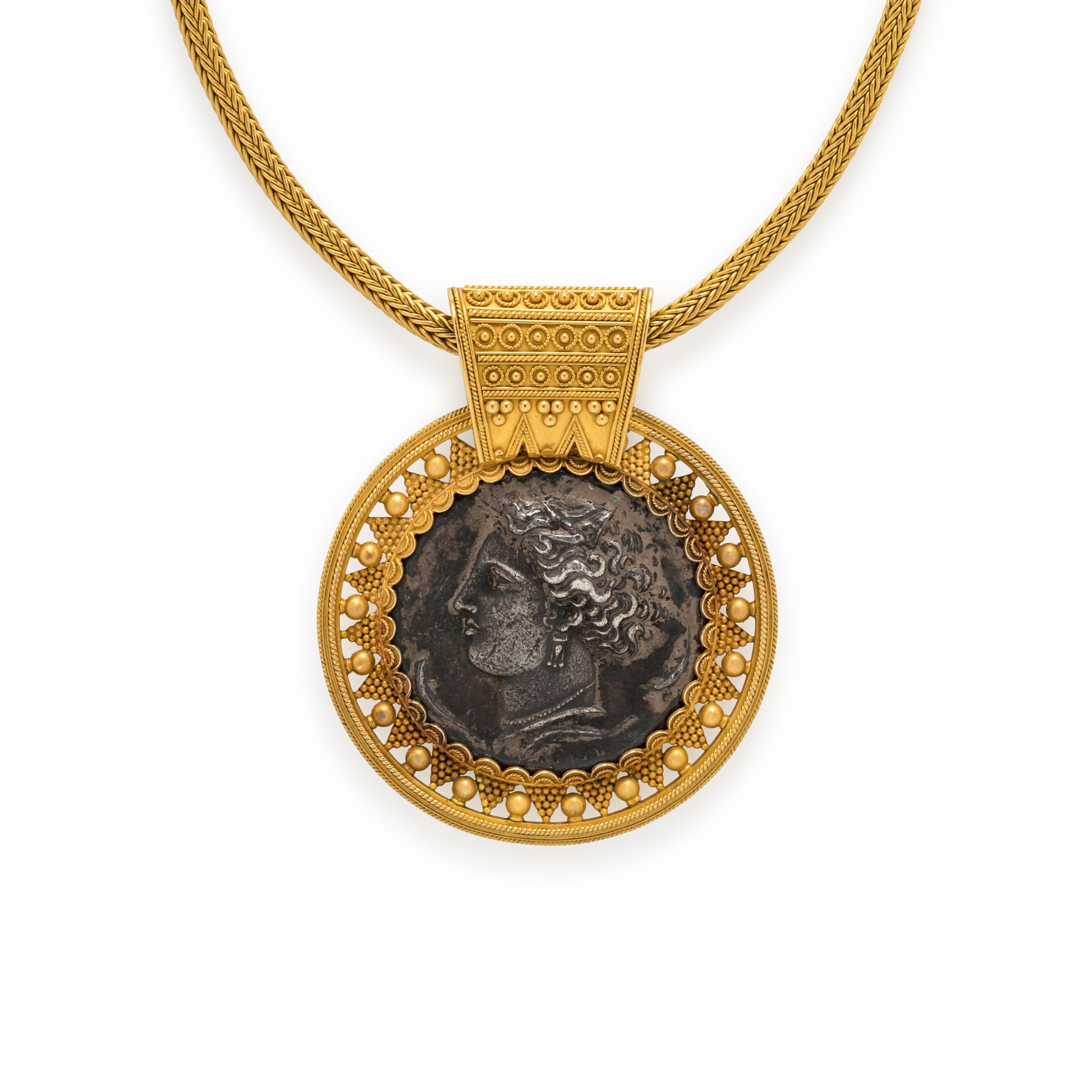 CARLO GIULIANO, ETRUSCAN REVIVAL, BRONZE MEDALLION NECKLACE