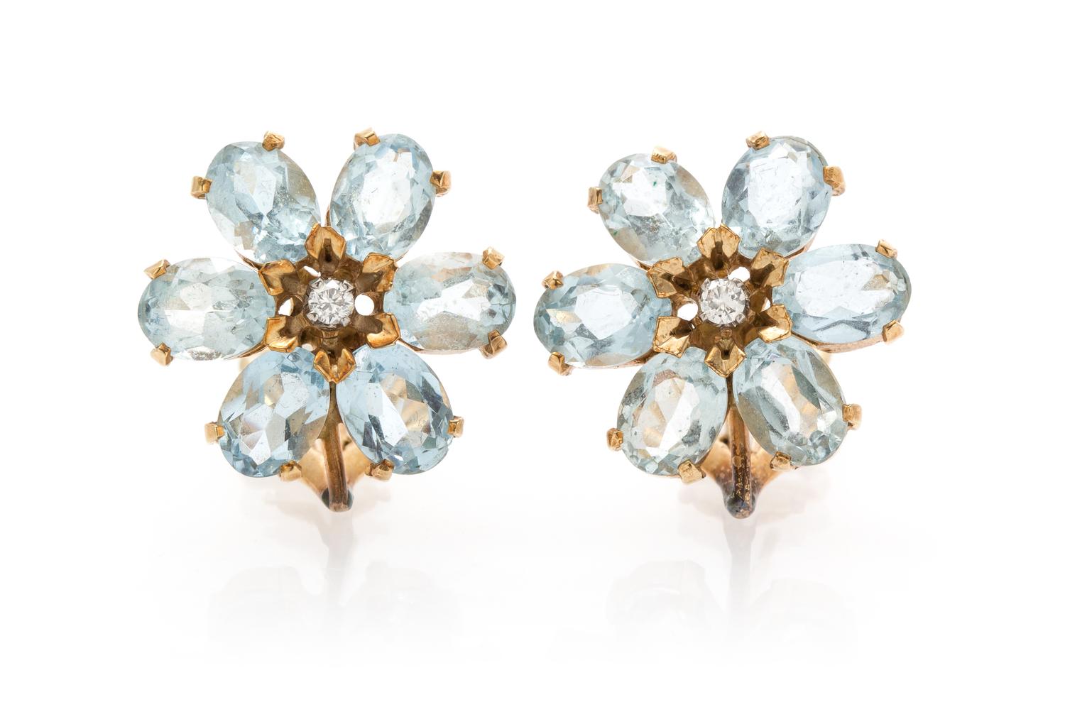 A Pair 14 Karat Yellow Gold, Aquamarine and Diamond Earclips, 5.40 dwts.