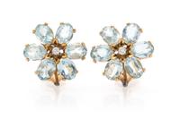 A Pair 14 Karat Yellow Gold, Aquamarine and Diamond Earclips, 5.40 dwts.