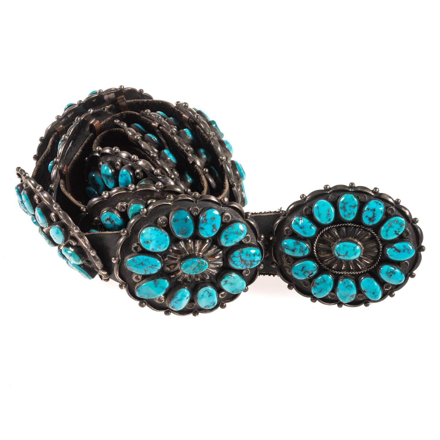 Navajo Silver and Turquoise Cluster Concha Belt