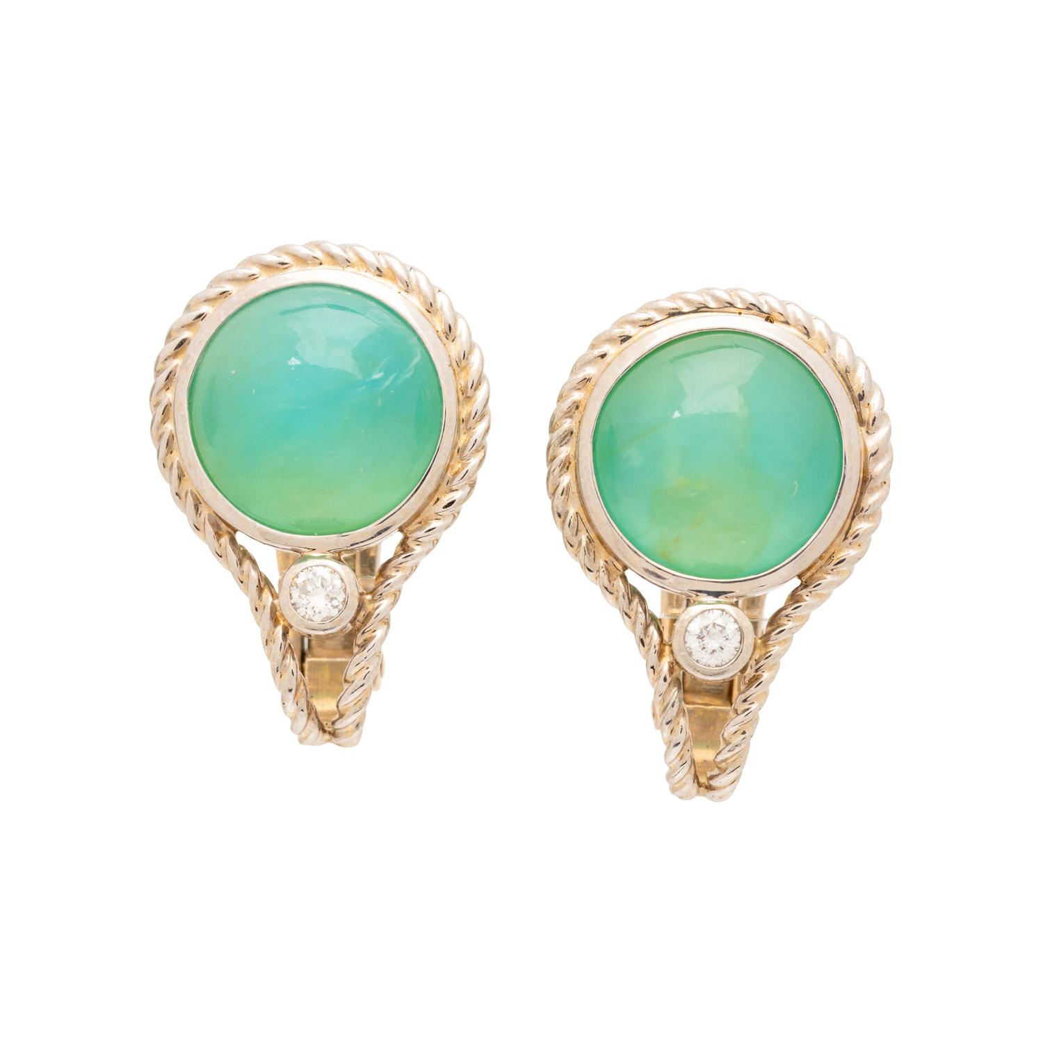 GREEN CHALCEDONY AND DIAMOND EARRINGS