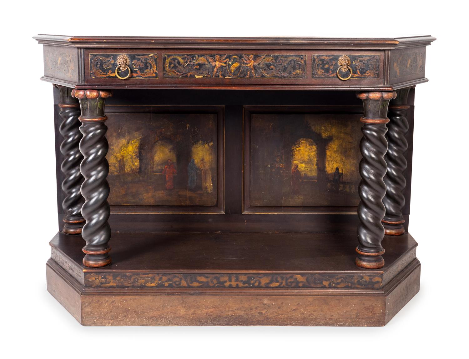 A Dutch Baroque Style Carved and Painted Mahogany Console Table