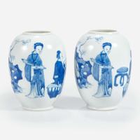 A pair of Chinese blue and white-decorated porcelain small ovoid vases