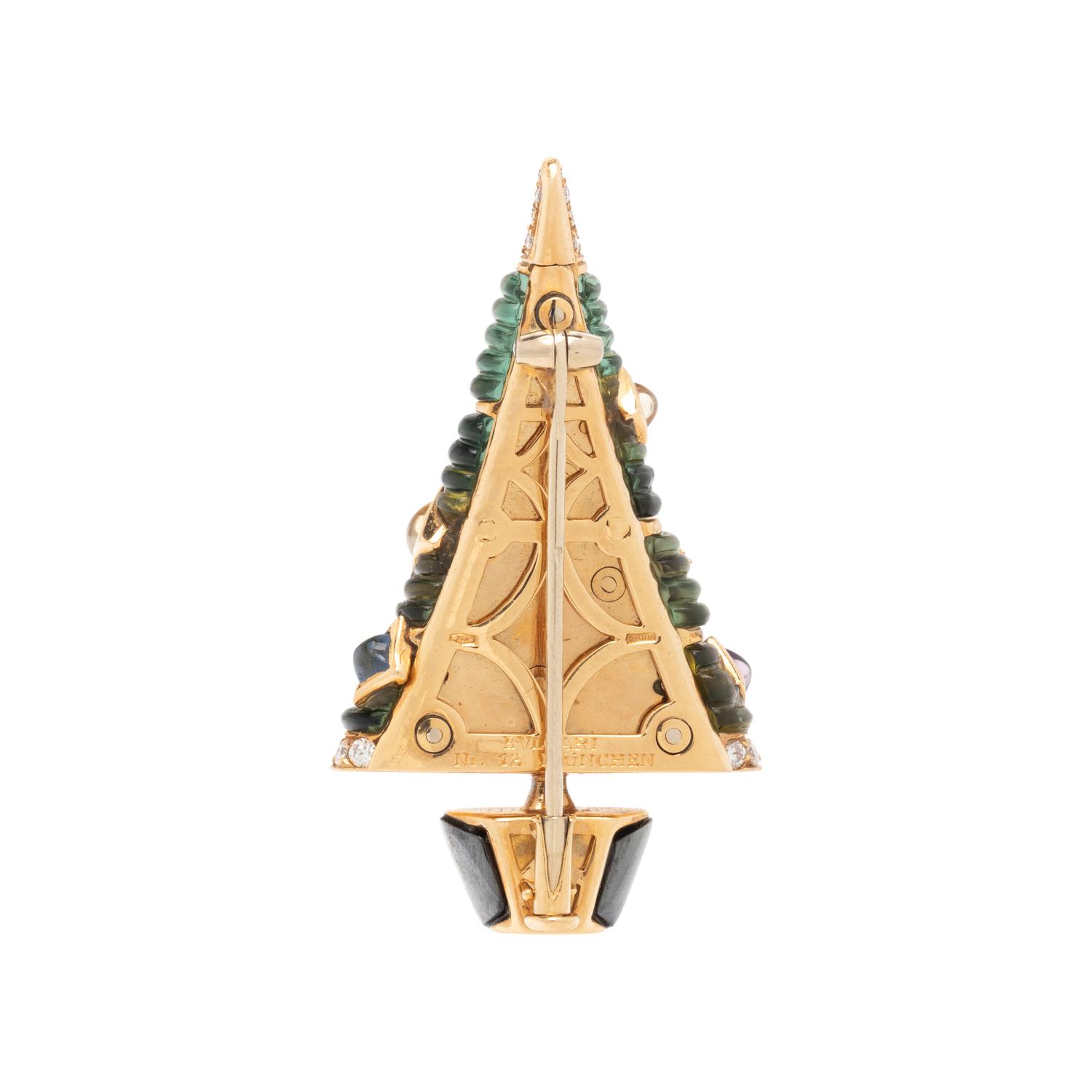 BULGARI, CARVED TOURMALINE, MULTIGEM, AND DIAMOND CHRISTMAS TREE BROOCH