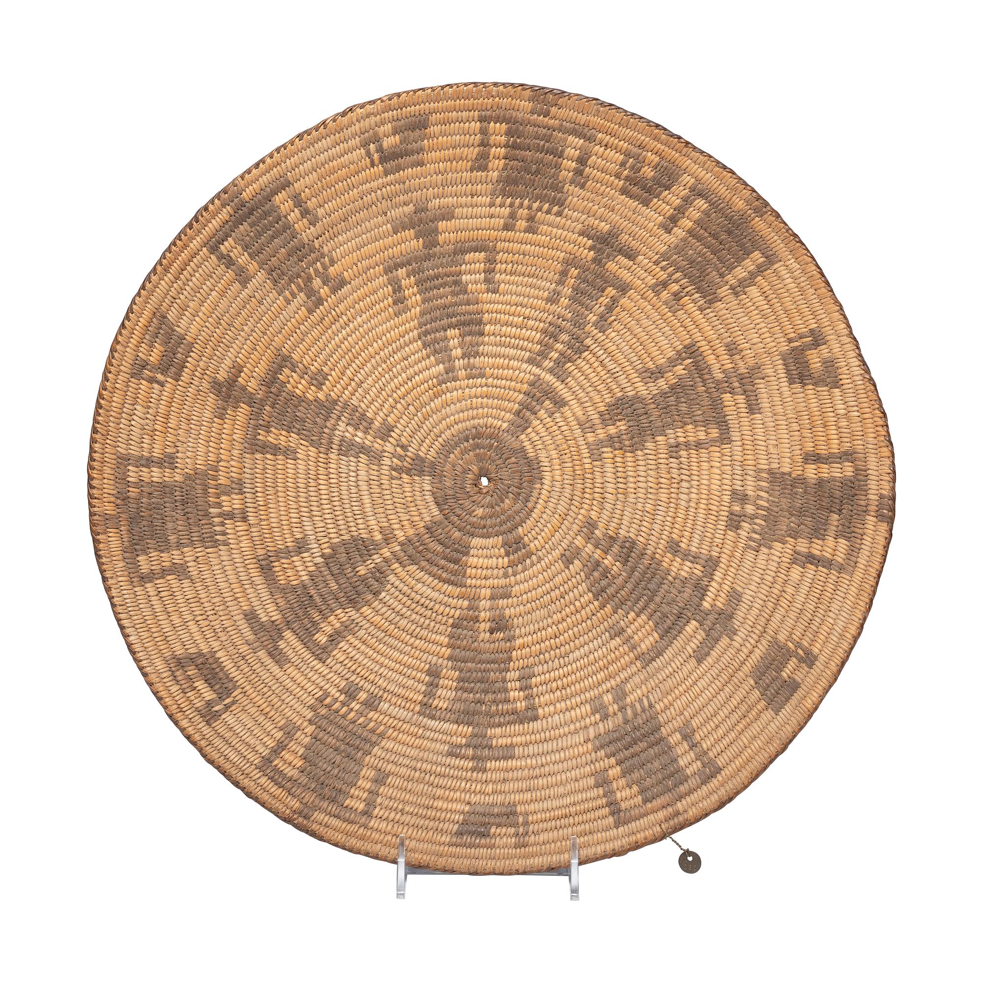 Akimel O'odham Figural Basketry Tray, Cowboys and Chickens