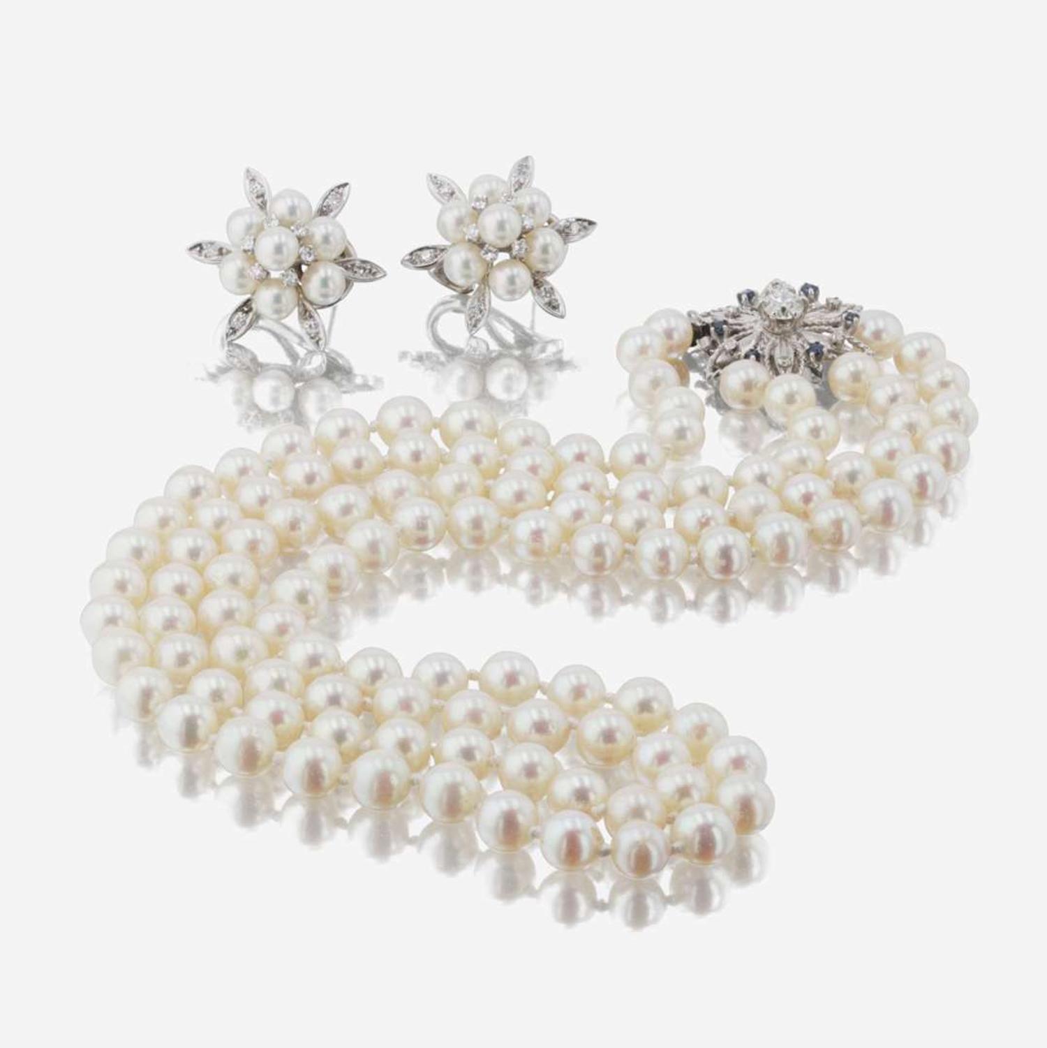 Set of 14K White Gold, Pearl, and Diamond Earrings and Necklace