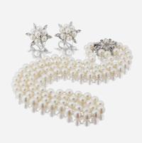 Set of 14K White Gold, Pearl, and Diamond Earrings and Necklace