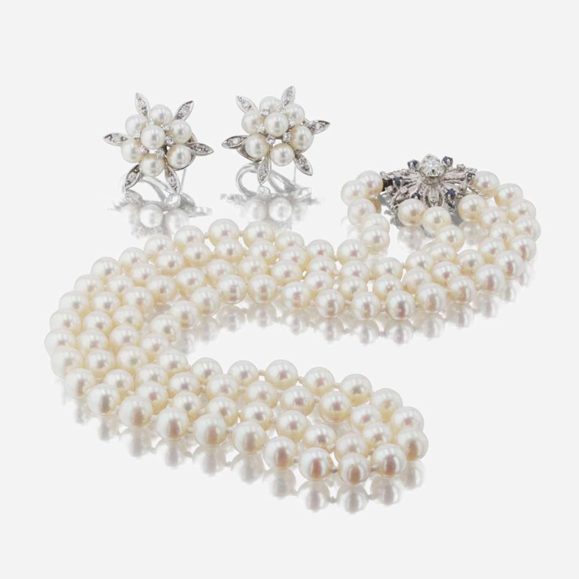 Set of 14K White Gold, Pearl, and Diamond Earrings and Necklace