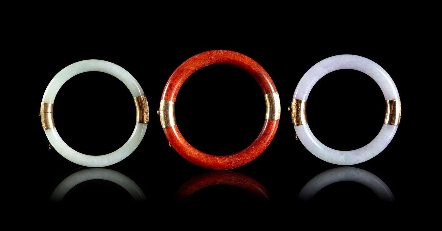 Three Jadeite and Hardstone Circular Bangles
