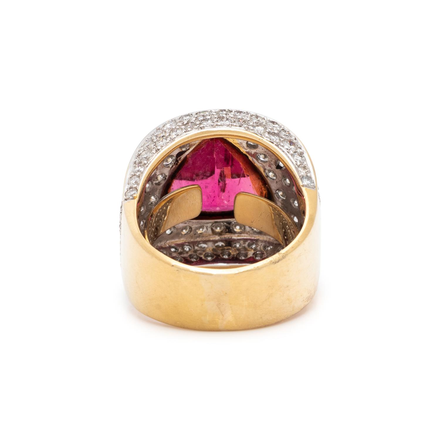 RUBELLITE, DIAMOND, AND BICOLOR GOLD RING