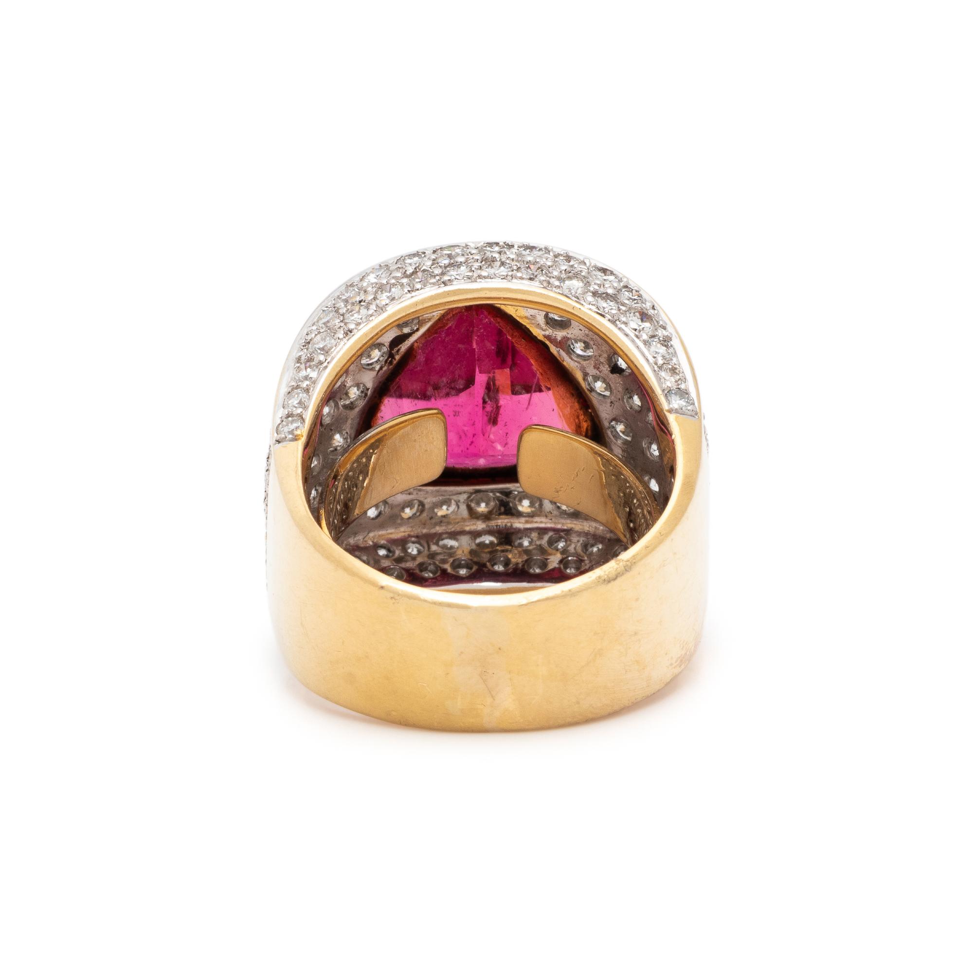 RUBELLITE, DIAMOND, AND BICOLOR GOLD RING