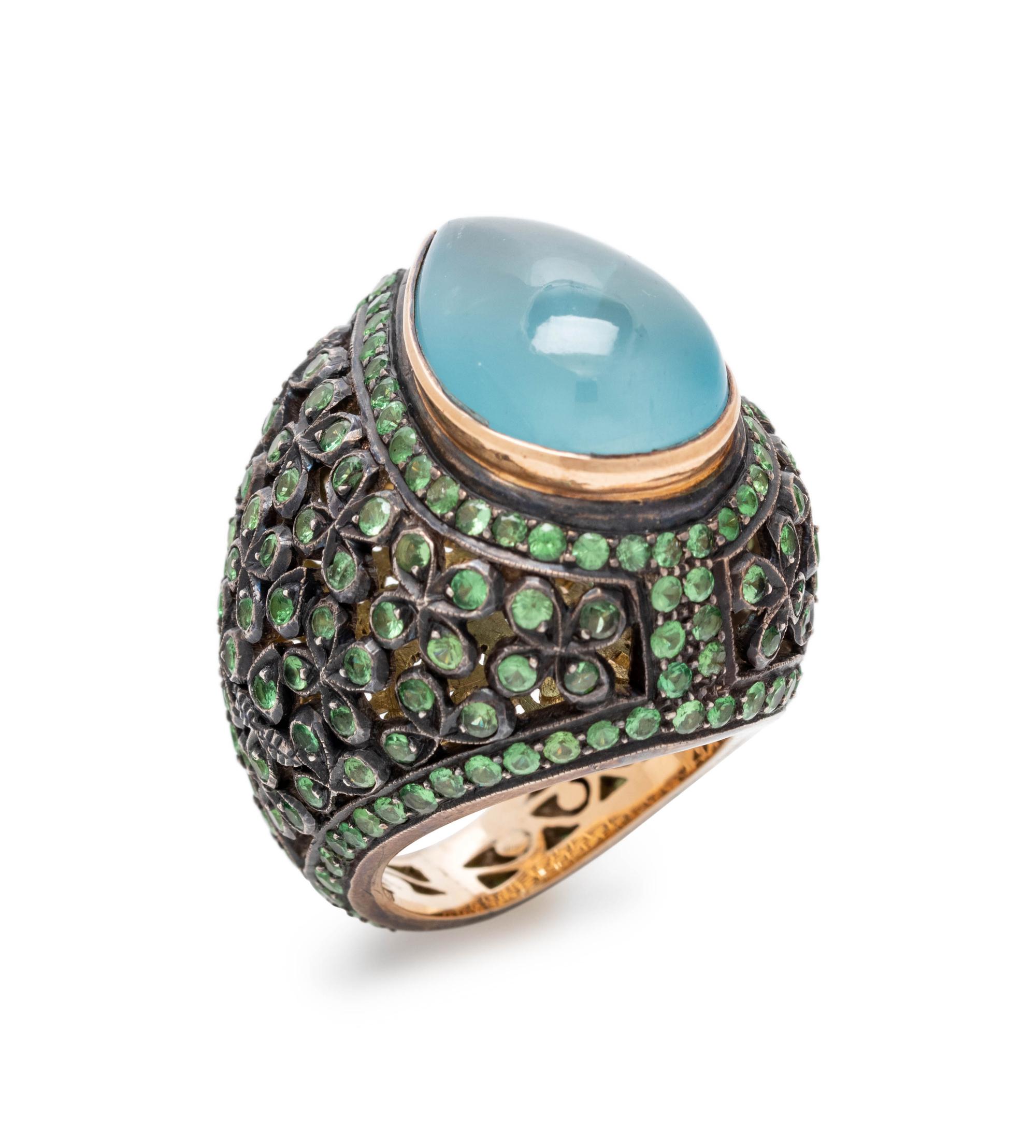 AQUAMARINE AND GREEN GEMSTONE RING