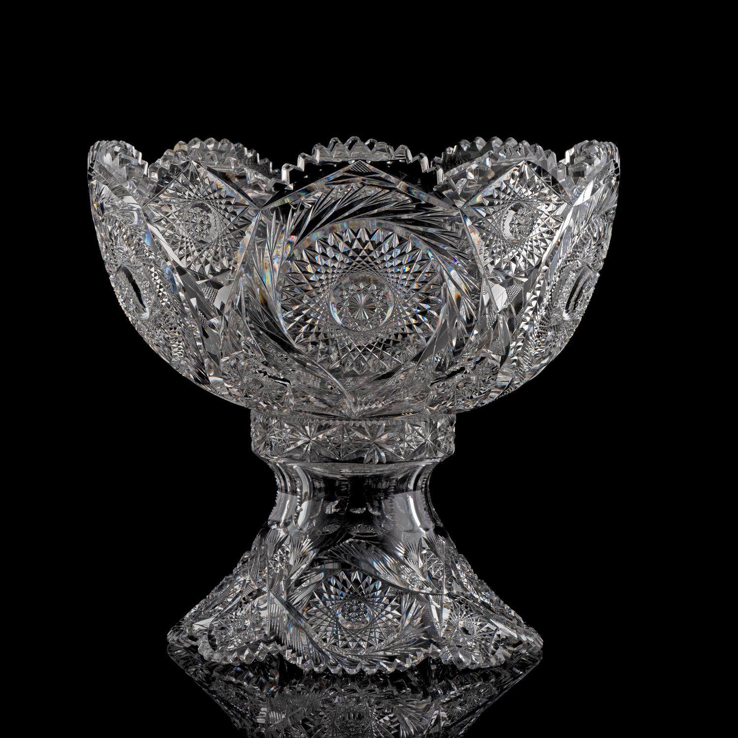 A Brilliant-Period Cut Glass Punch Bowl and Stand with Hobstars Spaced by Hobstar Visicas, Possibly by Clark