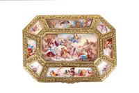 A Continental Gilt Metal and Painted Enamel Hexagonal Casket Height 8 3/4 x width 13 1/4 x 10 inches. — 19TH CENTURY