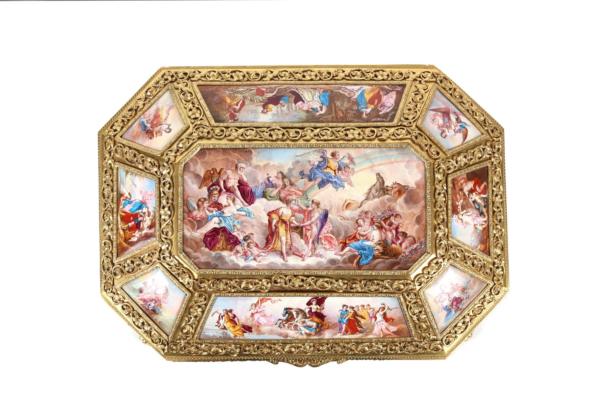 A Continental Gilt Metal and Painted Enamel Hexagonal Casket Height 8 3/4 x width 13 1/4 x 10 inches. — 19TH CENTURY