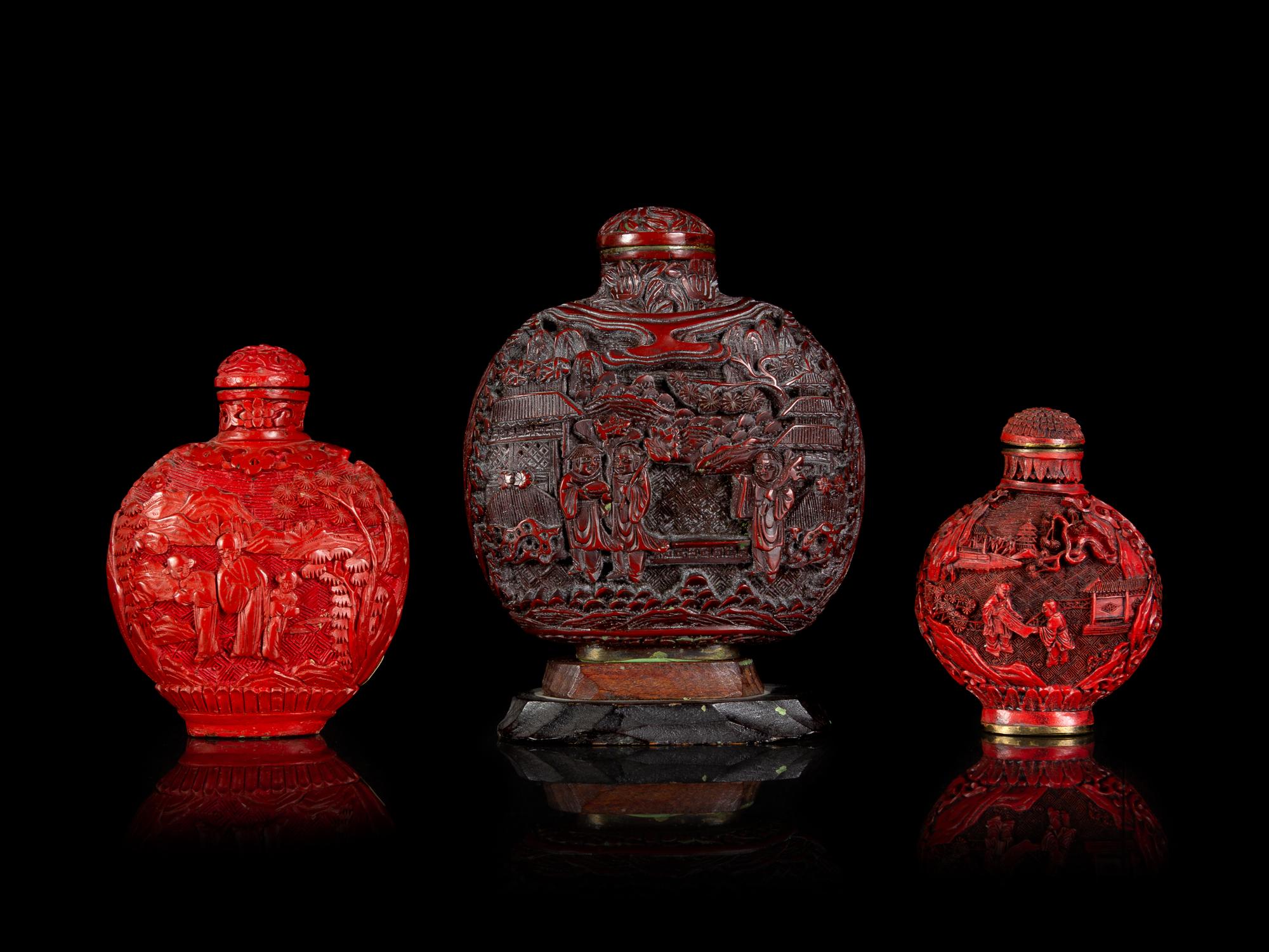 Three Chinese Cinnabar Lacquer Snuff Bottles