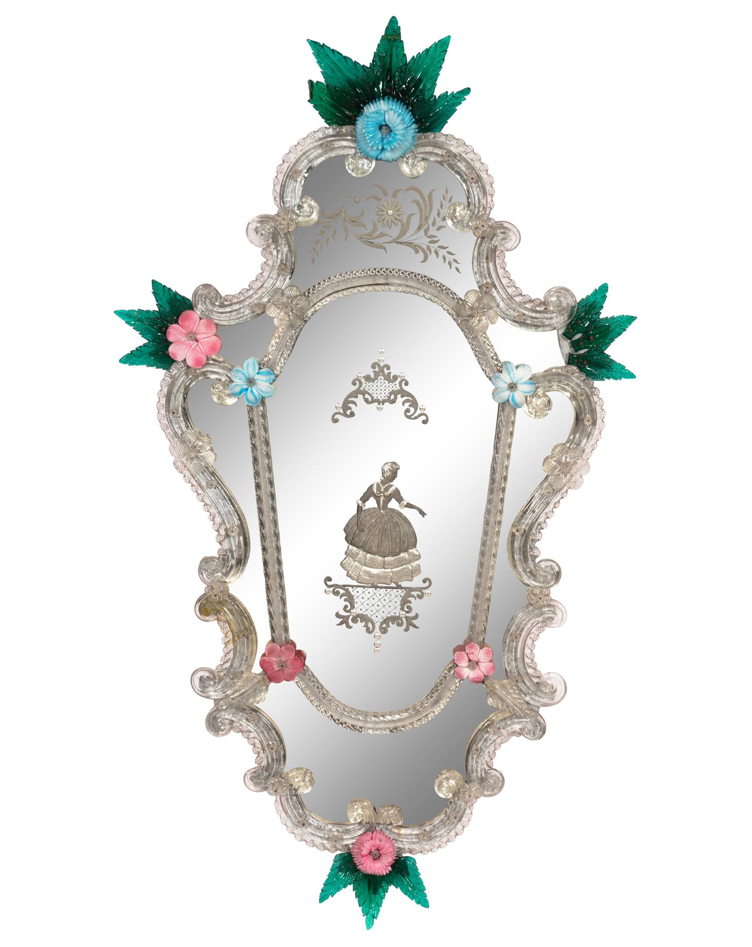 A Pair of Venetian Cartouche Form Etched Glass Girandole Mirrors