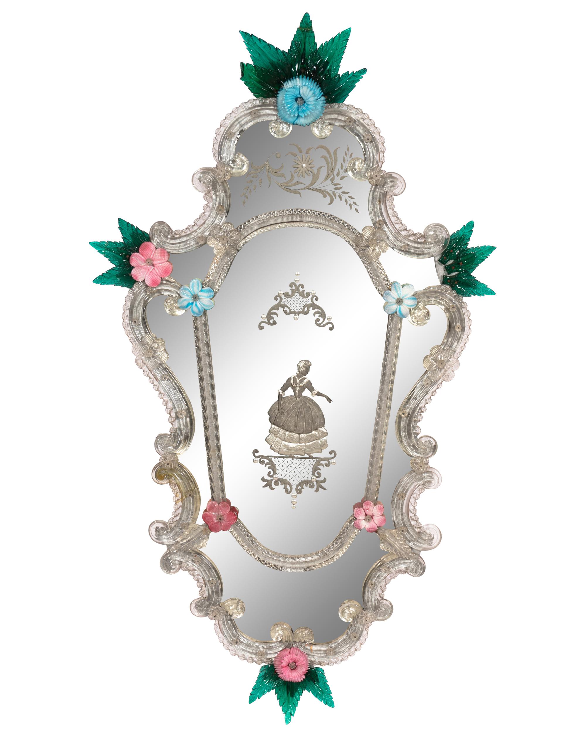 A Pair of Venetian Cartouche Form Etched Glass Girandole Mirrors