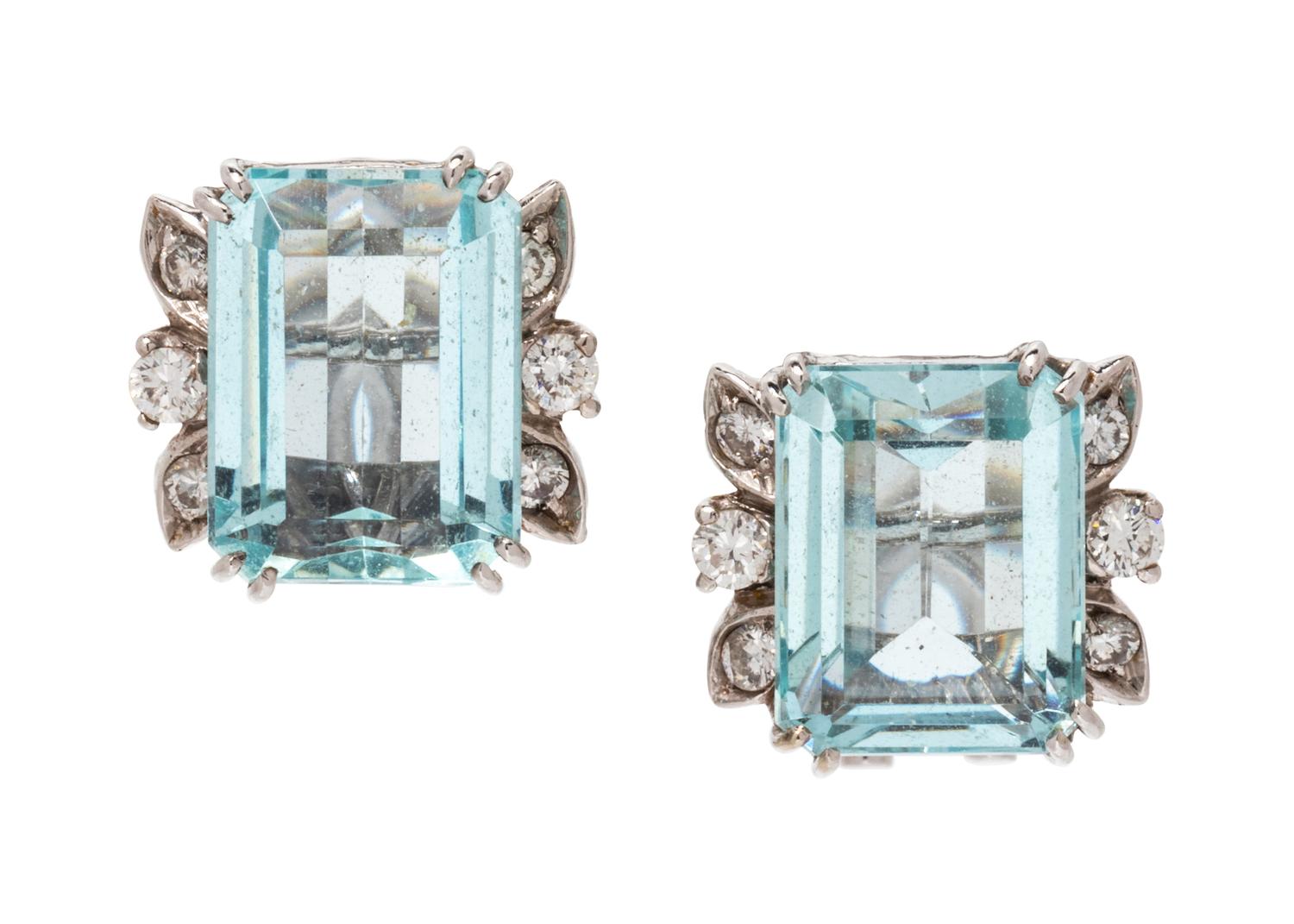 A Pair of 18 Karat White Gold Aquamarine and Diamond Earclips, Italian,