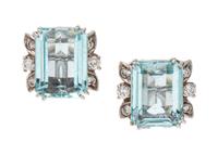 A Pair of 18 Karat White Gold Aquamarine and Diamond Earclips, Italian,