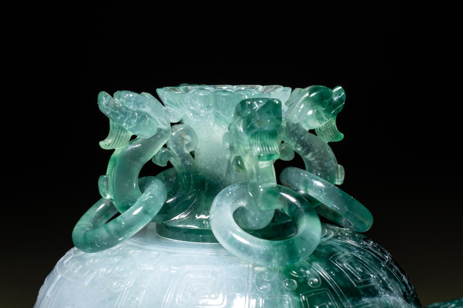 A Fine Semi-Translucent Green Jadeite Censer and Cover